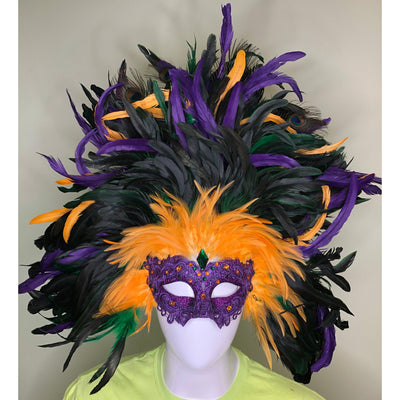 Purple and Green Striped Mask with Feathers (Each) – Mardi Gras Spot